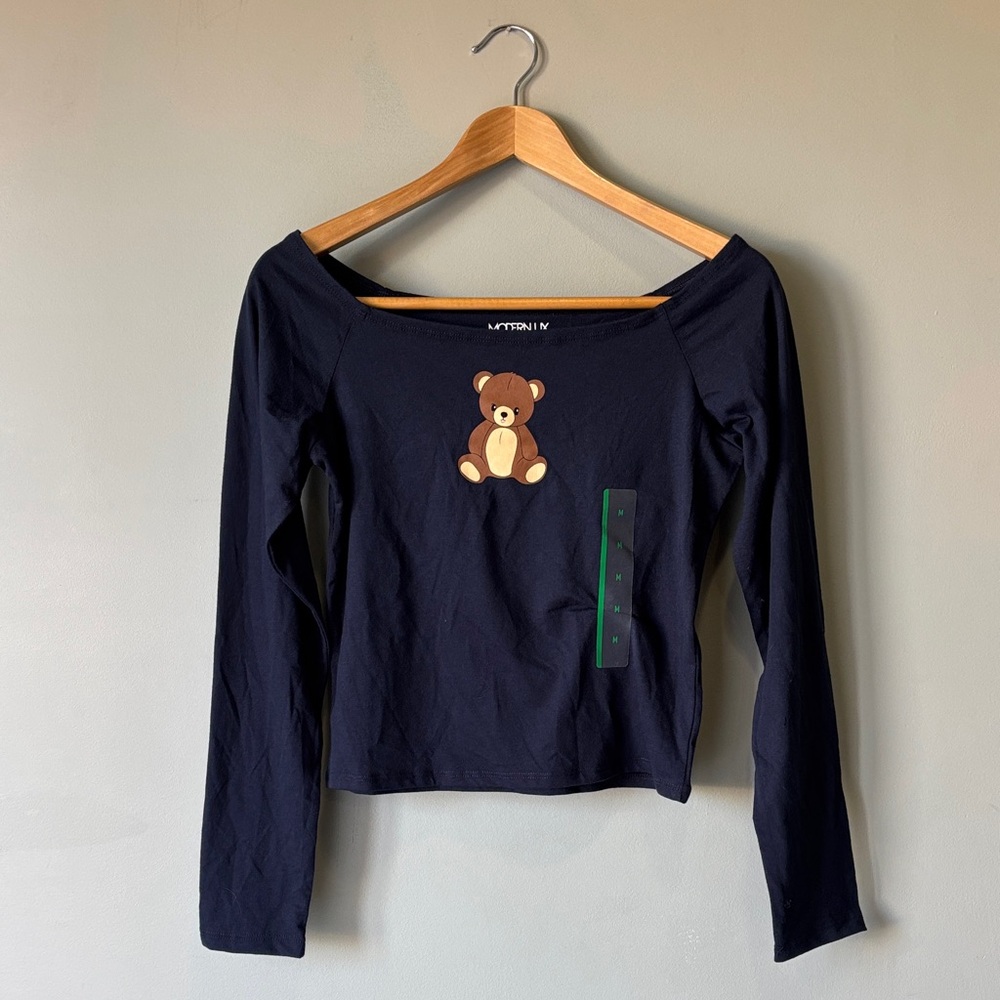 Modern Lux Bear Navy Long Sleeve Shoulder Top, Size Medium